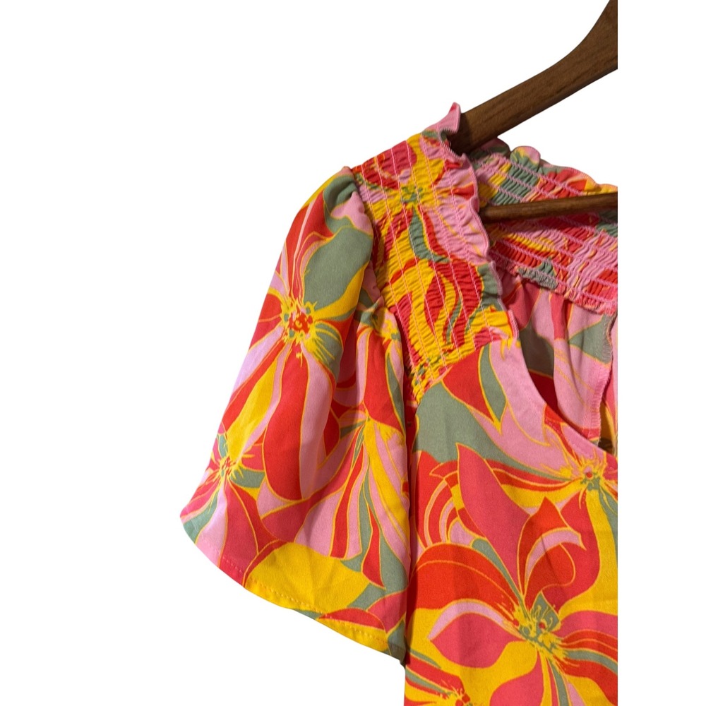 Pleione Floral Blouse Women M Pink Orange Excellent Smocked Square Neck Top - Picture 2 of 7